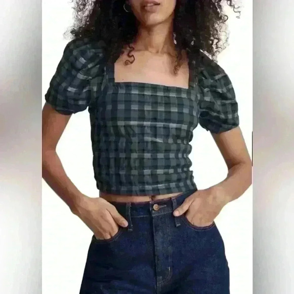 MADEWELL HOPEWELL PLAID PUFF SLEEVE CROP TOP - Picture 1 of 5